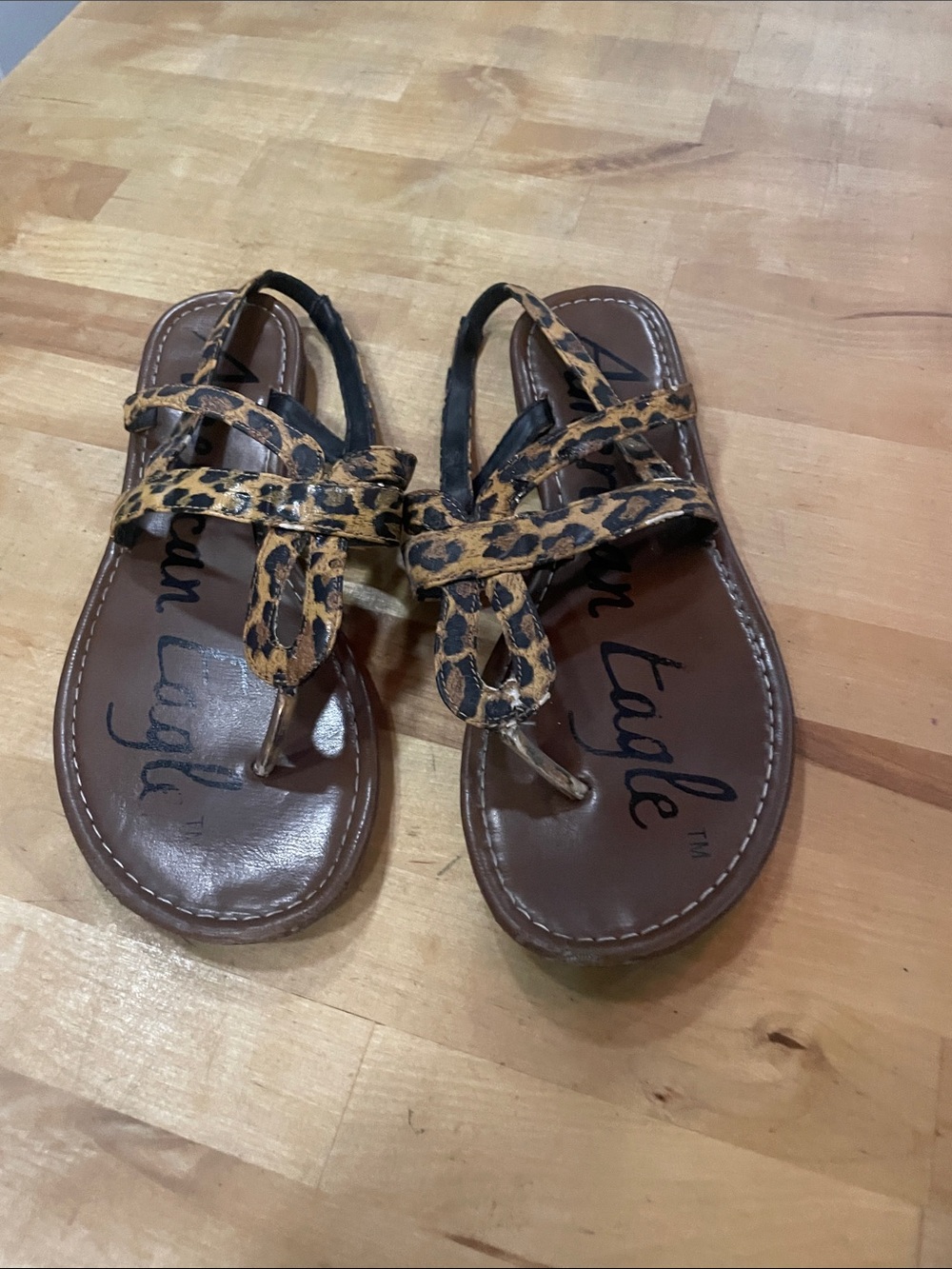 American Eagle Outfitters Leopard Print Tan and Black Strappy Thong Sandals